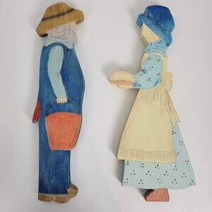 Vintage Wooden Hand Painted Farmer Couple One Size Blue Country Home Decoration